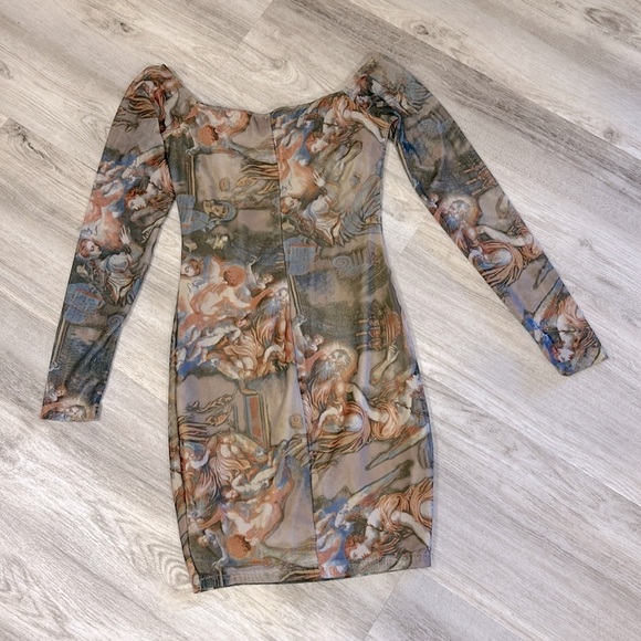 Windsor Romantic Renaissance All Over Mural Print Off The Shoulder Bodycon Dress - Picture 6 of 11